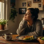 Persona hispana recordando su país desde una cocina en Estados Unidos con comida casera, café y fotos familiares.