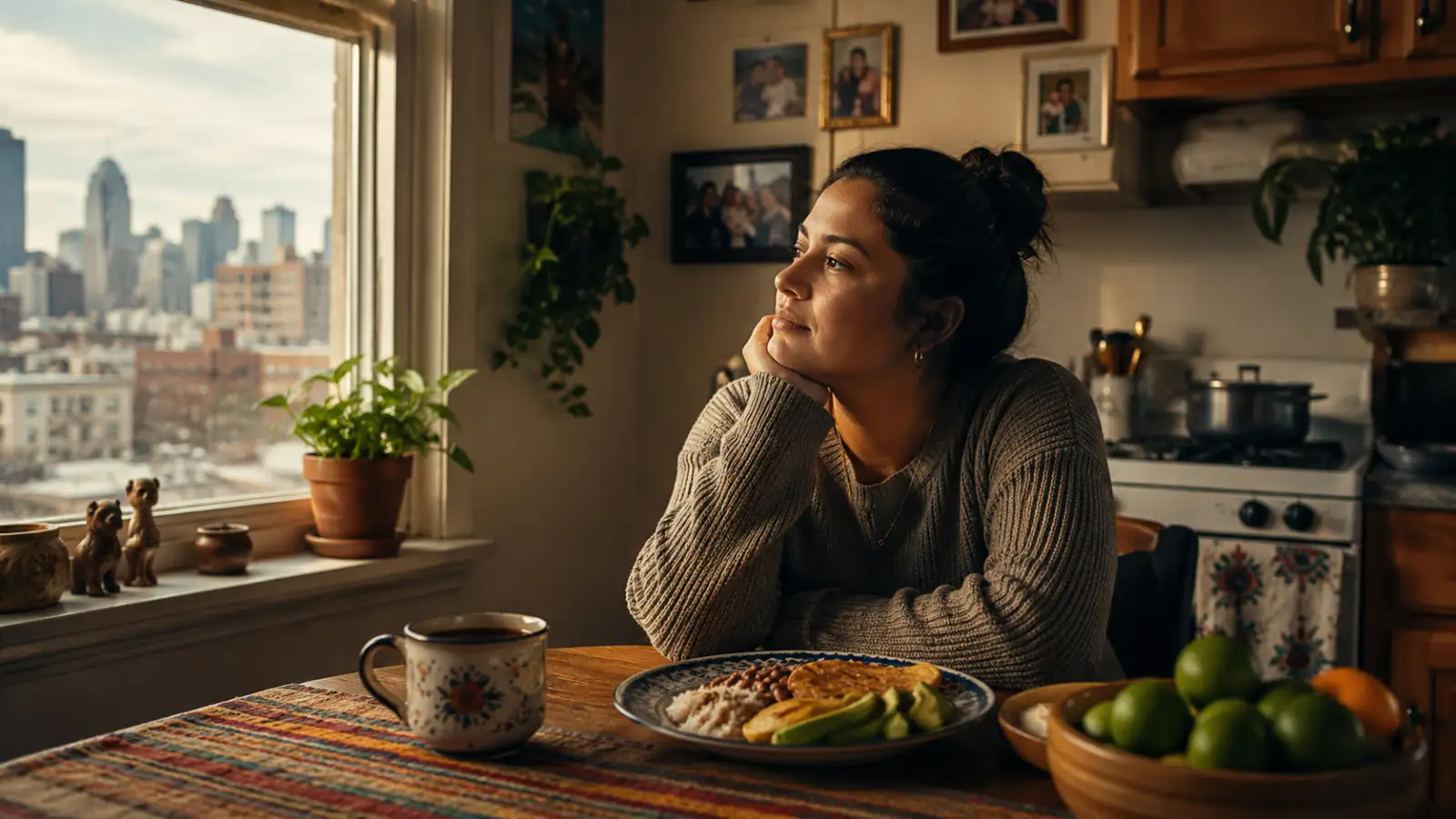 Persona hispana recordando su país desde una cocina en Estados Unidos con comida casera, café y fotos familiares.