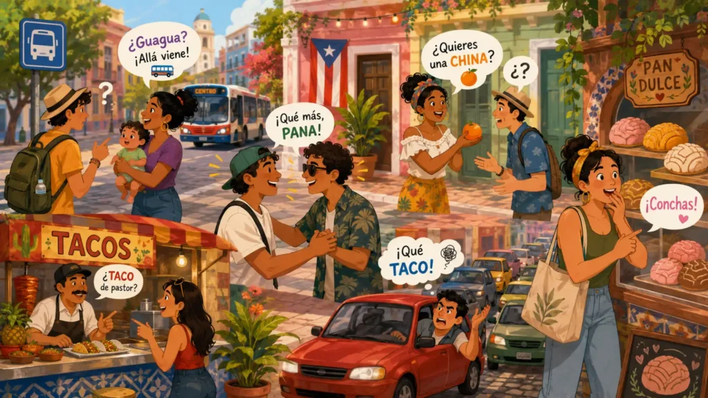 Ilustración colorida de escenas latinas que muestran cómo palabras como guagua, china, pana, taco y concha cambian de significado según el país.